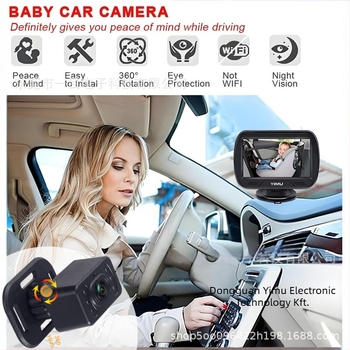 Autóhátsó ülésre szóló babamonitor kamera, 4,3 hüvelykes kijelző, infravörös éjszakai látás, modell KB41, 12V, 360° állítható