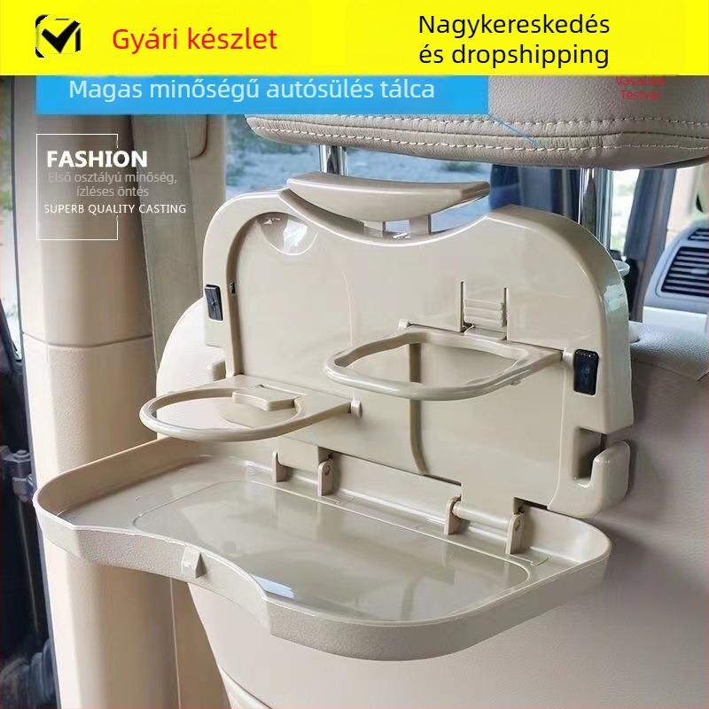 Autóhátsó üléshez összecsukható étkezőasztal pohártartóval, hordozható kis asztal, ABS műanyag (Modell: Car dining table; Kompatibilis a hátsó ülés támlájával)