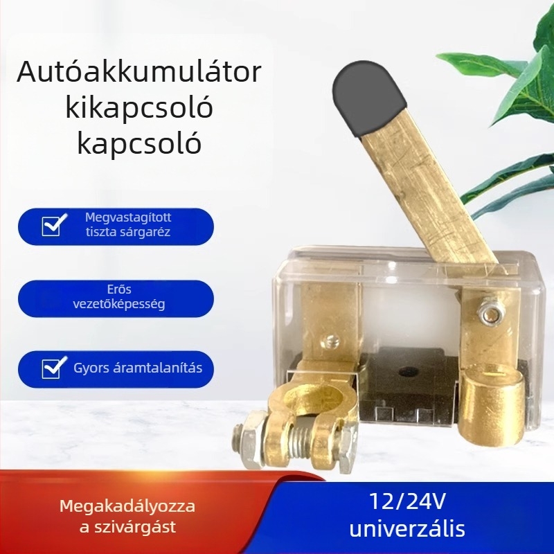 Autóakkumulátor kioldó kapcsoló fedéllel, főkapcsoló, akkumulátorcsipesz, szivárgás elleni védelem