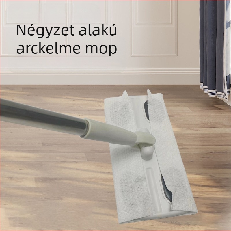 Lapos fejű mop arctörlővel, rozsdamentes acél rúddal, egyhajtású meghajtás, közvetlen törölközőtöltés, szokásos rúddal + műanyag lemez