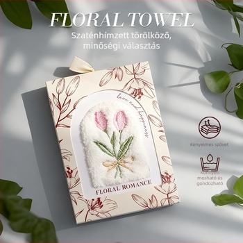 Tulipános hímzett törölköző ajándékdobozzal, Coral fleece, 70 g, Ply yarn, Embroidery