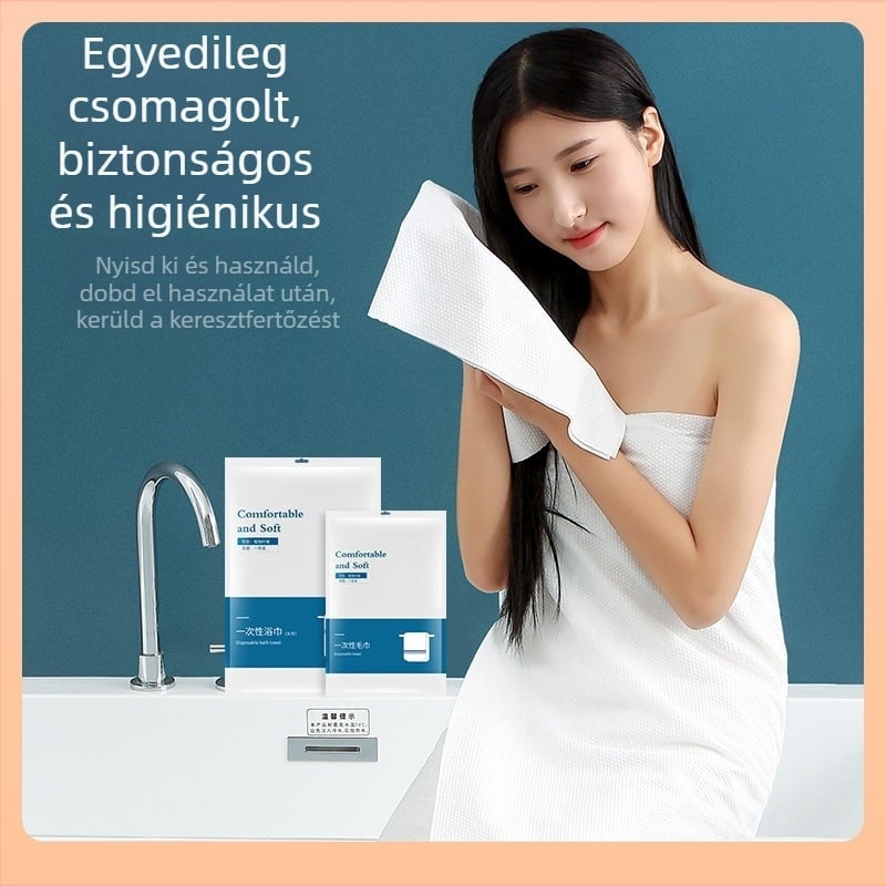 Egyszer használatos, vastagított fürdőlepedő, hordozható és egyénileg csomagolt utazásokhoz és szállodákba; növényi rostból készült; 5-10 s felszívódás.