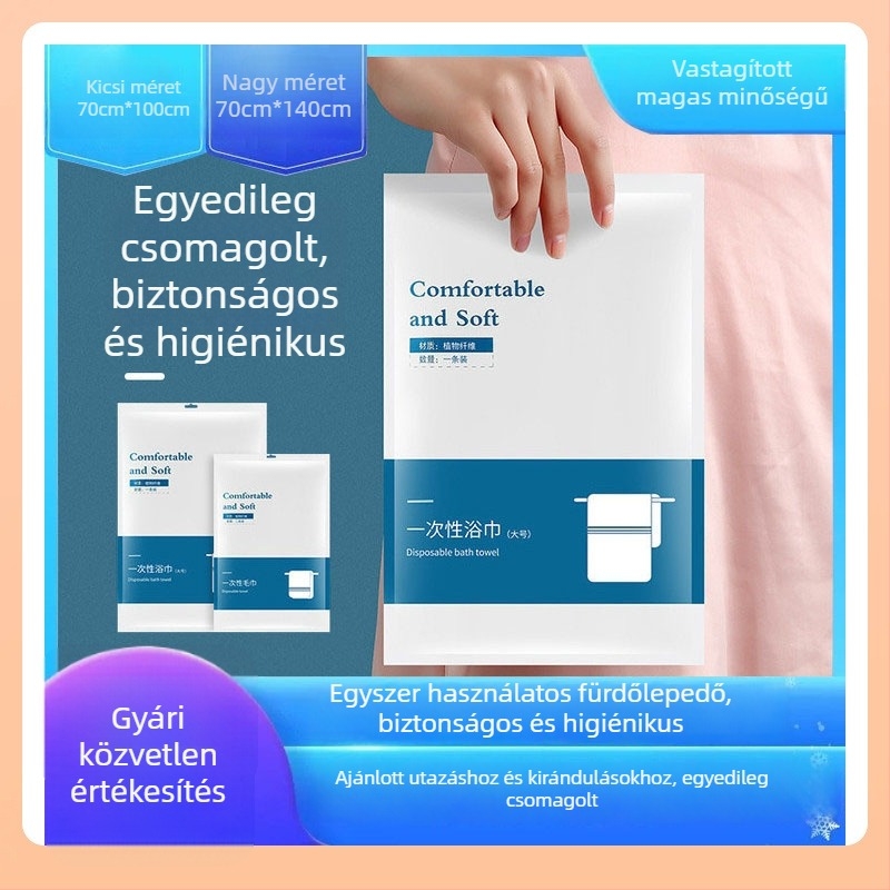 Egyszer használatos, vastagított fürdőlepedő, hordozható és egyénileg csomagolt utazásokhoz és szállodákba; növényi rostból készült; 5-10 s felszívódás.