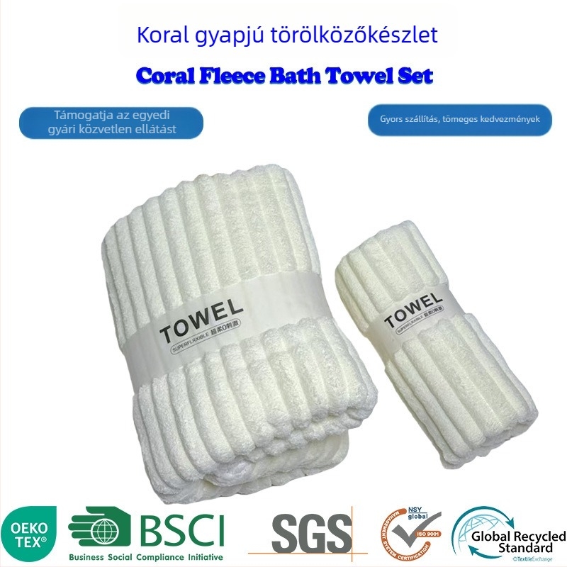 Két darabos háztartási törölközőkészlet Candy csíkokkal és korall flock felhő mintával, nedvszívó arctörölközők