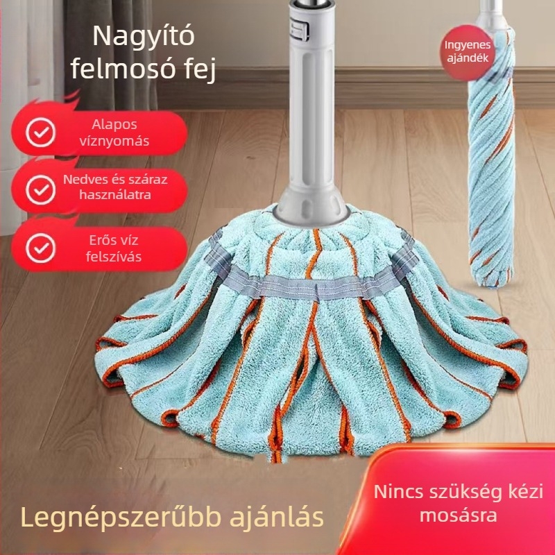 Kéz nélküli, önkicsavaró vízmop – dupla hajtás, rozsdamentes acél rúd, fej törölközőanyagú, négyoldalas nyomó mechanizmus, teherbírás 10 kg