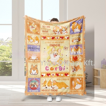 Flanel pléd Corgi digitális nyomással – négy évszakos használat, 270 g poliészter, tavasz–ősz, zsugorodás 3–5%