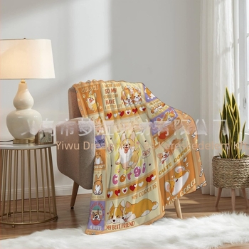 Flanel pléd Corgi digitális nyomással – négy évszakos használat, 270 g poliészter, tavasz–ősz, zsugorodás 3–5%