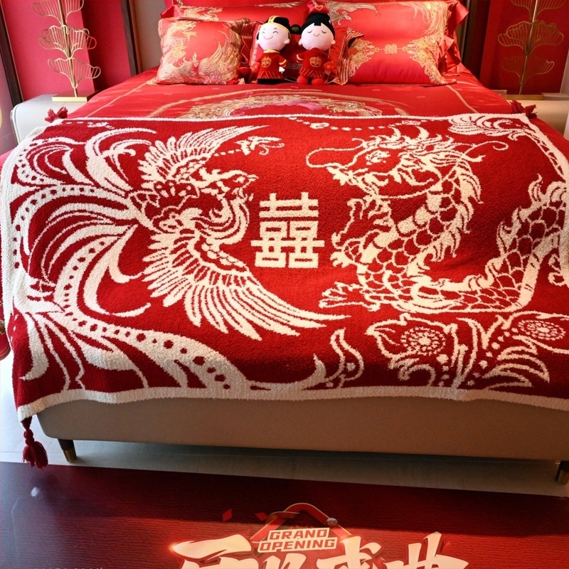 Esküvői kötött takaró és párna készlet Sárkány és Főnix harmónia motívummal (Súly: 1000–1499 g; Szezon: Minden évszak; Anyag: Egyéb)