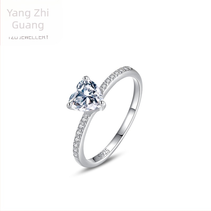 Női S925 sterling ezüst gyűrű – szív alakú, 1 karát szimulált gyémánt, letisztult elegáns ékszer, Valentin-napi ajándék, japán– koreai stílus