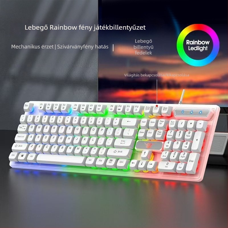 Mechanikus billentyűzet RGB háttérvilágítással, vezetékes USB csatlakozás, 98+ billentyű, egyetemes kompatibilitás