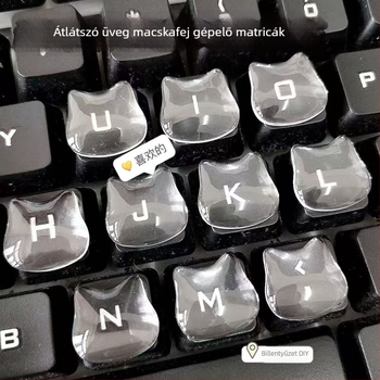 Billentyűzet matricák a billentyűk magasságának növelésére, kristályüveg, aranyos macska fej motívum, gépeléshez és manikűrhöz