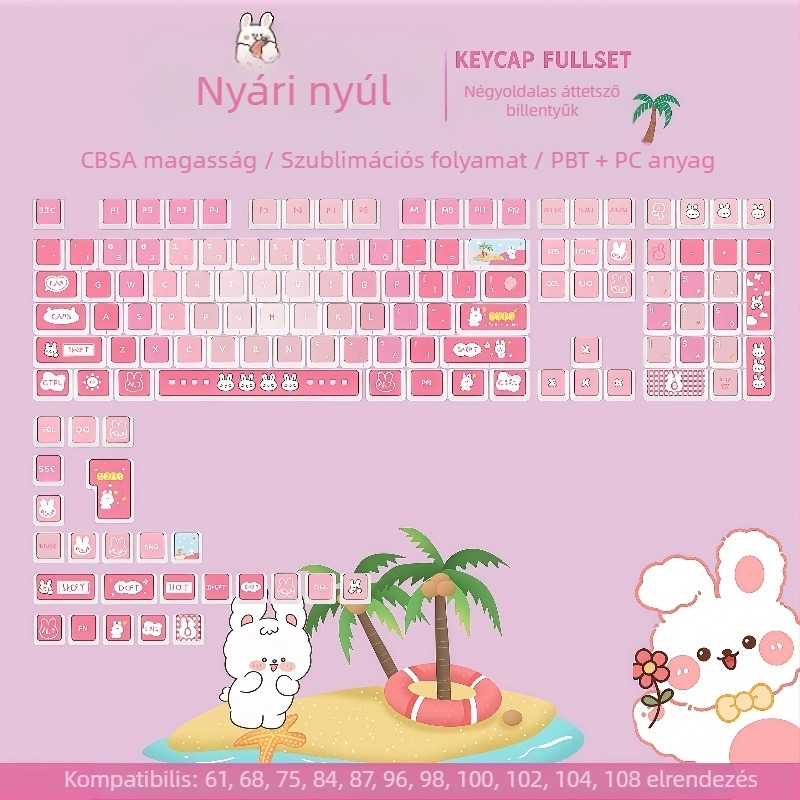 SA profilú keycaps készlet mechanikus billentyűzethez, nyári Bunny téma, négy oldalról átlátszó, PBT, dye-sublimation, 119 billentyű