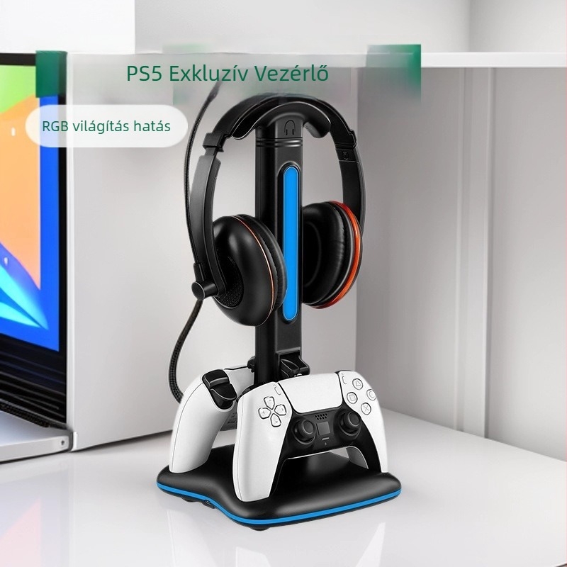 PS5 Kétpontos töltőállomás fejhallgató-tárolóval - USB-C, ABS, méretek 60×37,5×59 mm, súly 555 g