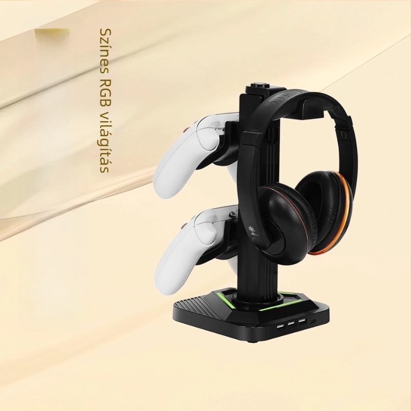 Konzol- és fejhallgató tároló állvány horogra — Modell SY-XSX-218, ABS, USB interfész, díszítő fények, kompatibil PS5/PS4/PS3/Xbox/Switch kontrollerekkel
