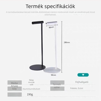 Teljesen alumínium fejhallgató állvány asztali használatra; fúrásmentes telepítés; tömeg 190 g; modell: fém fejhallgató állvány.