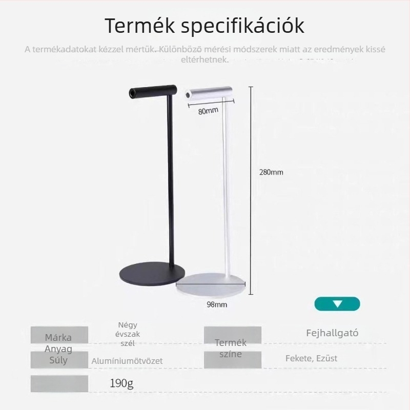Teljesen alumínium fejhallgató állvány asztali használatra; fúrásmentes telepítés; tömeg 190 g; modell: fém fejhallgató állvány.