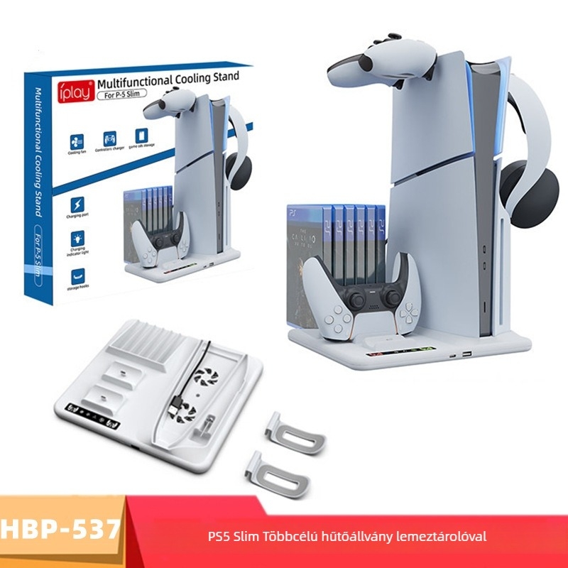PS5 Slim Multifunkcionális Hűtőalap Lemeztárolóval, Két Kontroller Töltőállvánnyal és Fejhallgató Akasztóval, Modell HBP-537, ABS