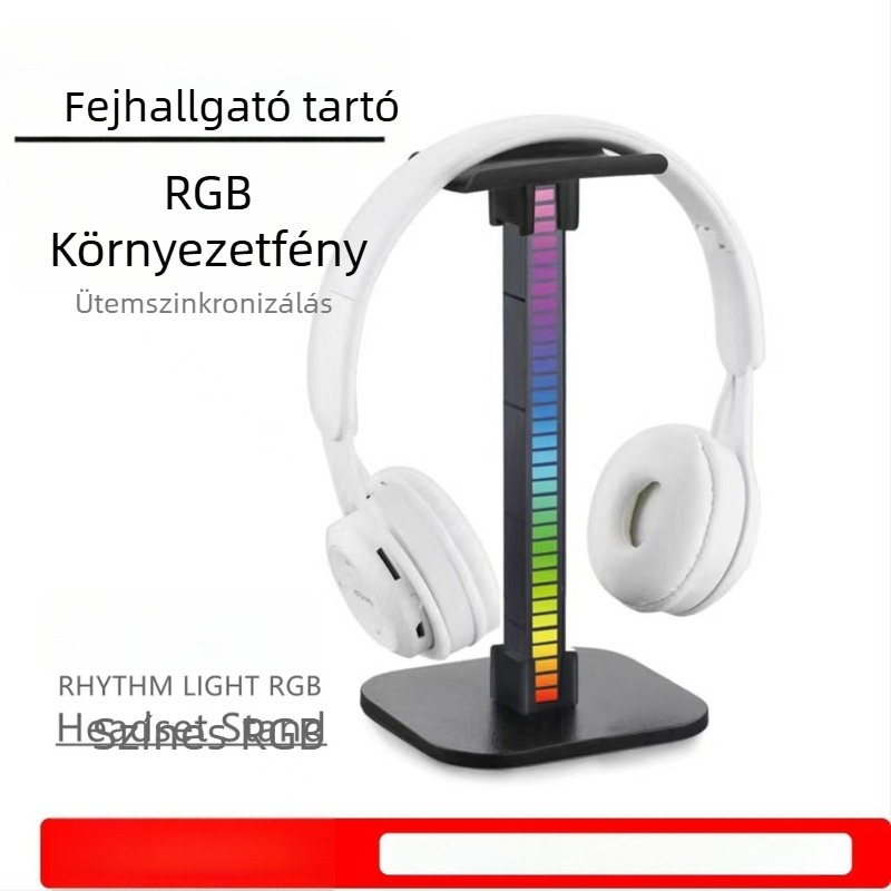 Fejhallgató-tartó RGB atmoszférikus fényerővel, asztali fejhallgatóakasztó hangfelvétellel, 1 m kábel, modell 002
