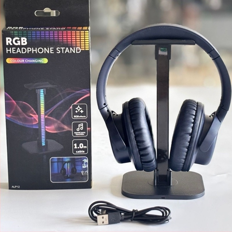 Fejhallgató-tartó RGB atmoszférikus fényerővel, asztali fejhallgatóakasztó hangfelvétellel, 1 m kábel, modell 002