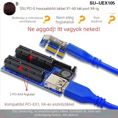 PCIe hosszabbító kábel, modell UEX105, adapterkábel PCIe 1x-hez, kétportos 4x adapterrel, 0,6 m hosszú