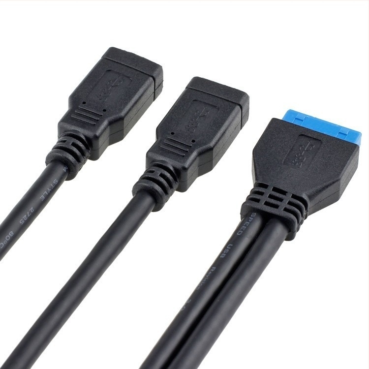 USB 3.0 patchkábel alaplaphoz, 20-pontos női csatlakozóról két USB 3.0 női csatlakozóra, hossz 0,25 m, modell 3.0