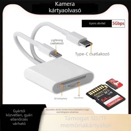 Type-C kártyaolvasó SD/TF két slotkal, USB 2.0 480 Mbps, rézmag, iPhone-kompatibilis