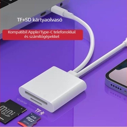 Type-C kártyaolvasó SD/TF két slotkal, USB 2.0 480 Mbps, rézmag, iPhone-kompatibilis
