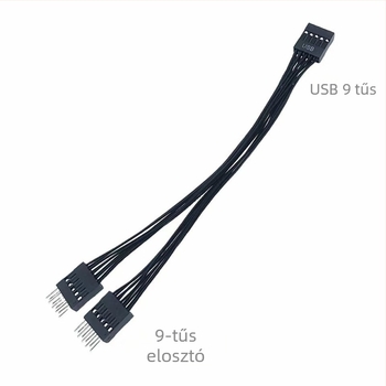 SW USB 2.0 alaplap bővítőkábel, DuPont 9‑pin osztó, USB adatkábel 1–2, 15 cm, fekete