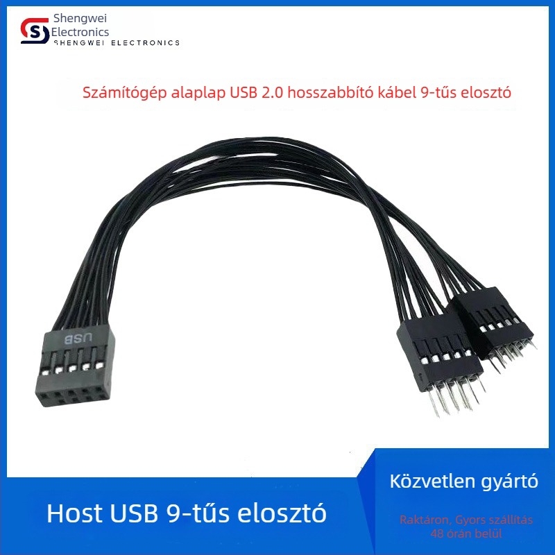 SW USB 2.0 alaplap bővítőkábel, DuPont 9‑pin osztó, USB adatkábel 1–2, 15 cm, fekete