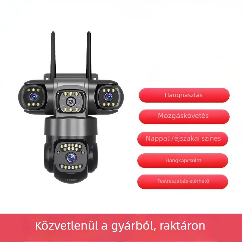 Otthoni megfigyelő kamera három lencsével és három nézetével, beltéri és kültéri használatra, 360°-os lefedettség, teljes színű éjszakai látás, 4G megfigyelés