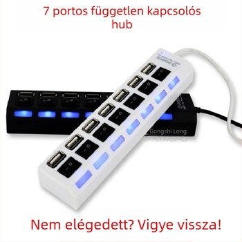 2.0-ás gyors USB hub 7 porttal, USB bővítő HUB, független kapcsolóval