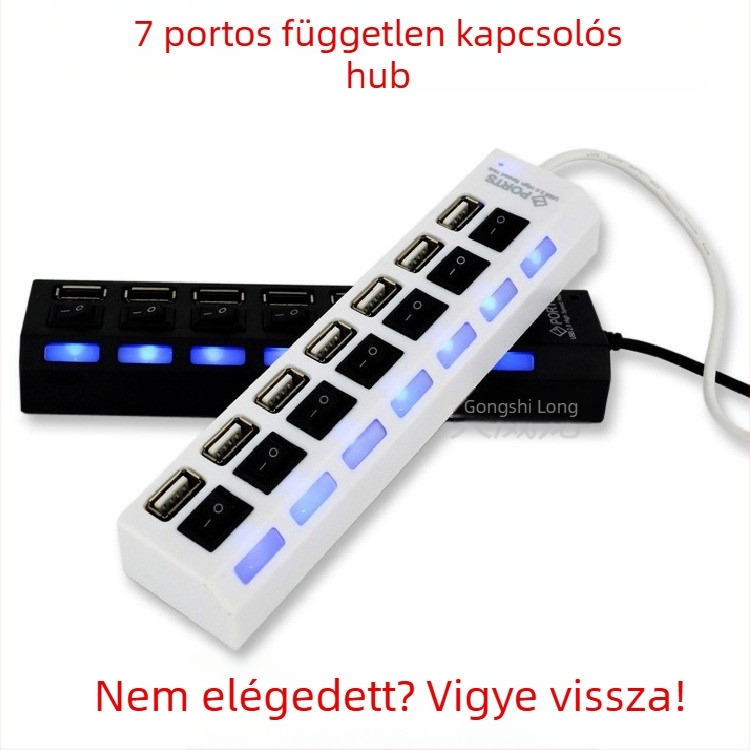 2.0-ás gyors USB hub 7 porttal, USB bővítő HUB, független kapcsolóval