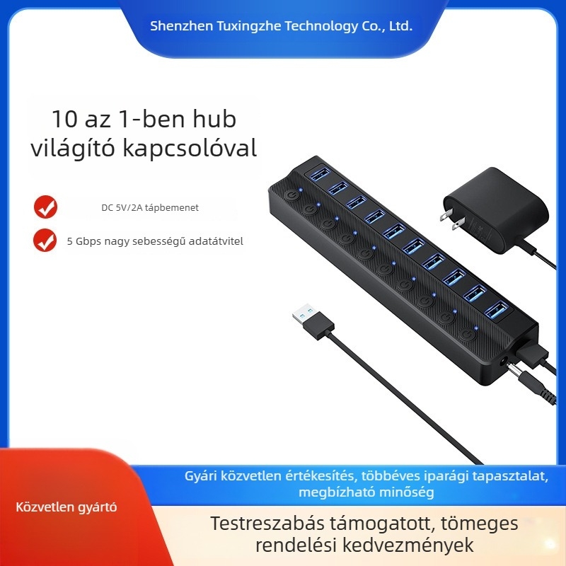 USB 3.0 hub, 10 porttal, független kapcsolókkal, USB bővítő számítógéphez, 1 m kábel