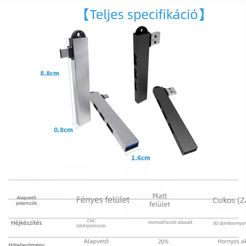 Laptop USB-C dokkoló hub, alumínium ötvözet, 4 port USB 3.0