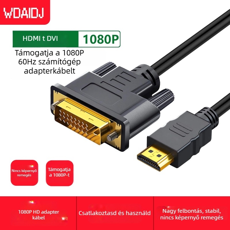 HDMI–DVI-D kábel, 24+1 tű, 1080P, HDMI csatlakozó férfi a DVI-D férfihoz