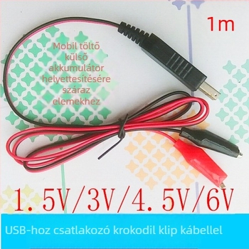 USB tápegység szabályozott kimenettel száraz elem cseréhez — aligátor-klipek kábelei, USB 5V bemenet, kimeneti feszültségek: 1.2V, 2.4V, 3.6V, 1.5V, 3V, 4.5V, 6V, 9V