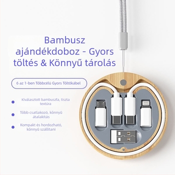 6-in-1 környezetbarát bambusz adatkábel gyors töltéssel, tároló doboz és egyedi logó