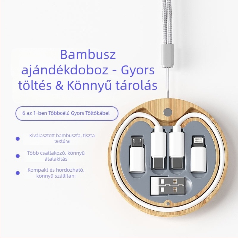 6-in-1 környezetbarát bambusz adatkábel gyors töltéssel, tároló doboz és egyedi logó