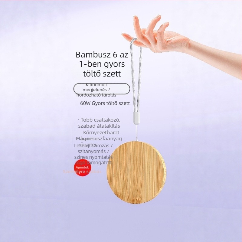 6-in-1 környezetbarát bambusz adatkábel gyors töltéssel, tároló doboz és egyedi logó