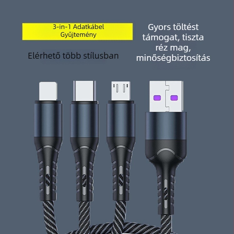 LC Nylon szövött Type-C 3-in-1 adatkábel, gyors töltés, 120W