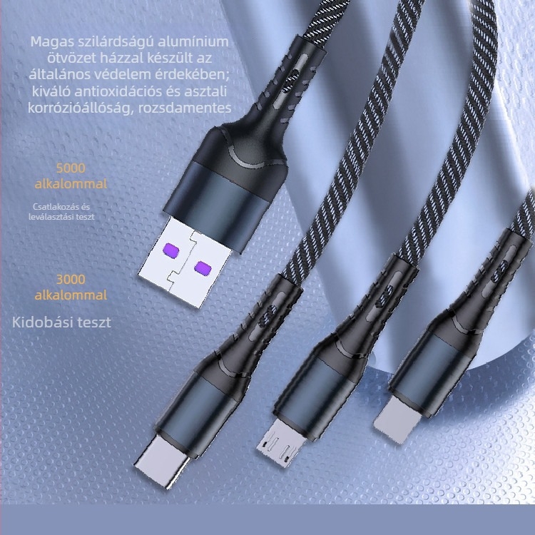 LC Nylon szövött Type-C 3-in-1 adatkábel, gyors töltés, 120W