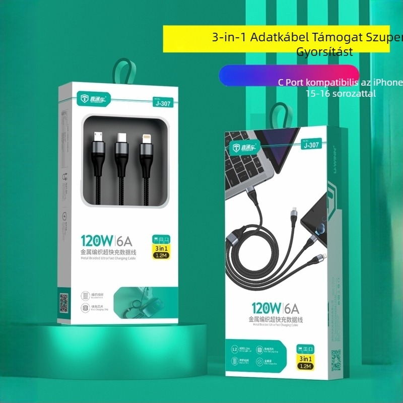 LC Nylon szövött Type-C 3-in-1 adatkábel, gyors töltés, 120W