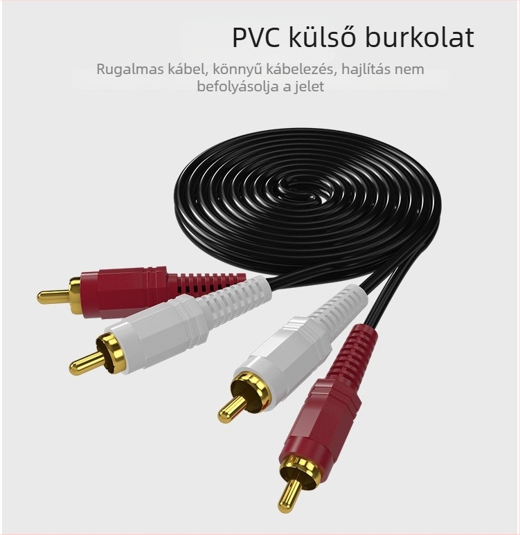 RCA audió kábel, két pár 2RCA, aranyozott vezető, vas-köpenyes acél maggal, kompatibilis hang, TV, erősítő, DVD