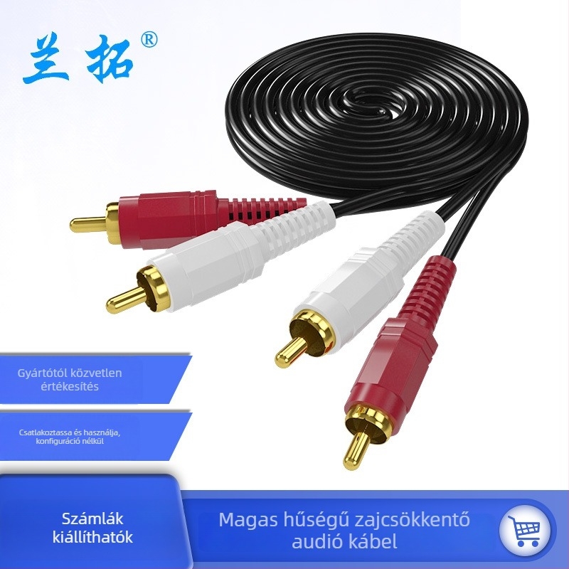 RCA audió kábel, két pár 2RCA, aranyozott vezető, vas-köpenyes acél maggal, kompatibilis hang, TV, erősítő, DVD