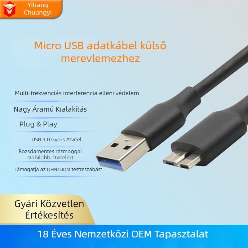 USB 3.0‑tól Micro‑B‑ig HDD adatkábbel külső merevlemezhez – USB 3.0A férfi, rézmag, ónbevonatú réz vezeték, ISO 9001
