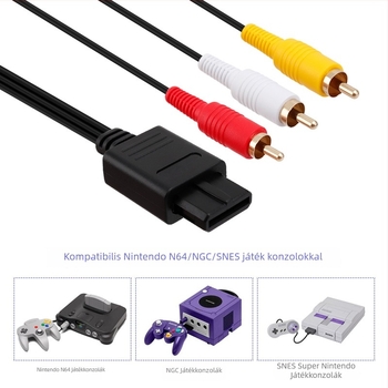 N64 AV-kábel, háromsoros csatlakozó, aranyozott spirálfej, tiszta rézvezető, PVC-szigetelés