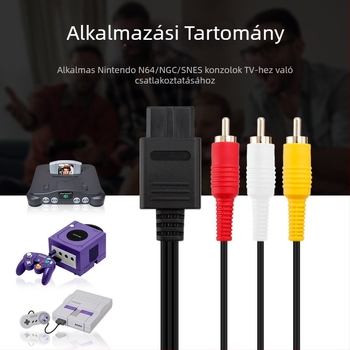 N64 AV-kábel, háromsoros csatlakozó, aranyozott spirálfej, tiszta rézvezető, PVC-szigetelés