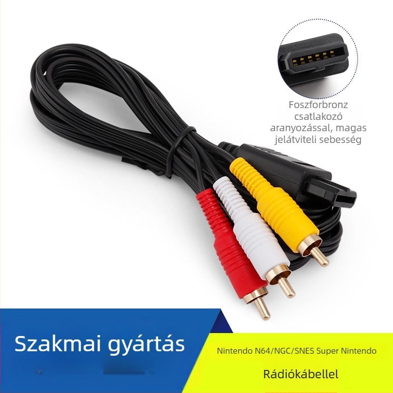 N64 AV-kábel, háromsoros csatlakozó, aranyozott spirálfej, tiszta rézvezető, PVC-szigetelés