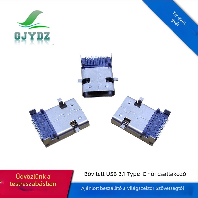 Kiterjesztett USB-C 3.1 csatlakozó, 24-pin női fej, előre dugó és hátsó rögzítés, 5A gyors töltés