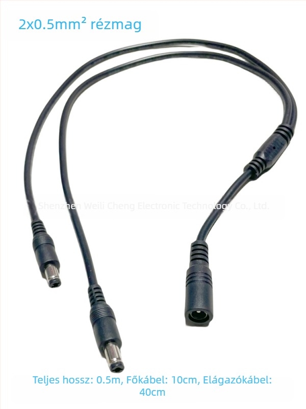 12V DC tápkábel 0,5 mm² vezetővel, 1–2 osztó, férfi- és női végek, 1,1 m hosszú